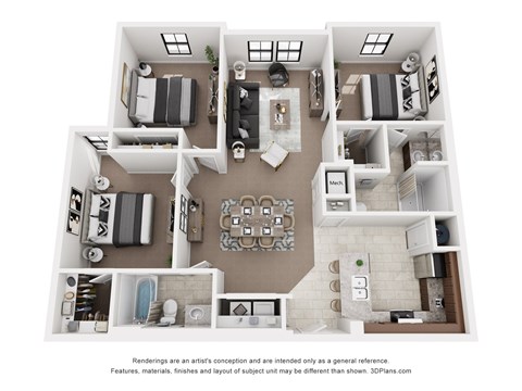 Floor plan for 2 beds, 2 baths, 1170 sqft